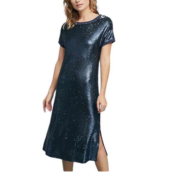 ANTHROPOLOGIE MOULINETTE SOEURS BLUE INTERSTELLAR SEQUINS SHIFT DRESS - Picture 1 of 16